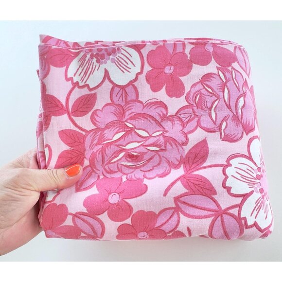 Vintage 70s flat /top sheet, pink and white flowers bedsheet, twin size bed - Picture 8 of 8